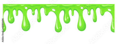 Seamless dripping slime repeatable isolated on white. Cartoon mucus green goo drip sticky slimy mucus, liquid splash splatter, viscous snot, blob poison, splodge glow glue jelly. Vector illustration