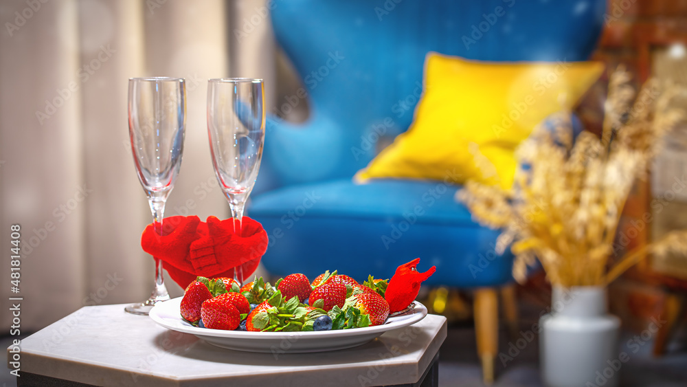 strawberries and 2 champagne glasses. Concept of love, affection, valentines day