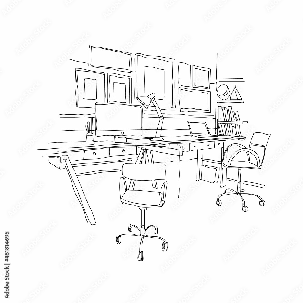 Fototapeta premium Sketch interior office workplace. Hand drawn vector illustration