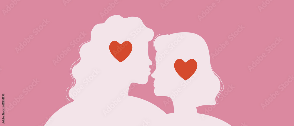 LGBTQ Couple Hugging, Silhouette Vector Stock Illustration with Adult Lesbian Women Kissing as Banner for February 14 Isolated LGBTQ Couple Hugging, Silhouette Vector Stock Illustration with Adult Lesbian Women Kissing as Banner for February 14 Isolated