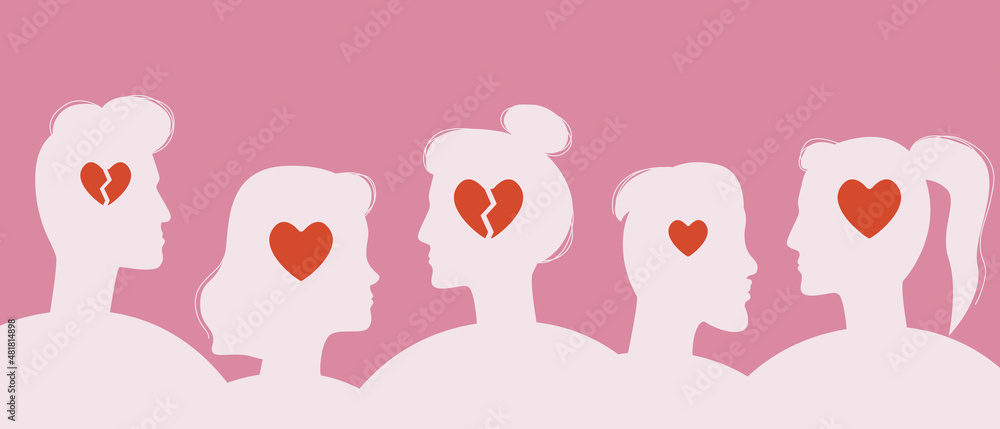 People with hearts as a symbol of love, Silhouette vector stock illustration as Concept of single people and relationships with Broken heart