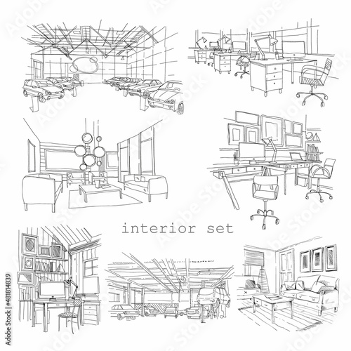Set of different interior hand drawn sketch, vector illustration