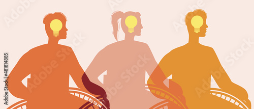 Disabled people brainstorming, Silhouette vector stock illustration isolated, Idea symbol is an incandescent light bulb
