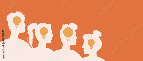 People brainstorming, copy space template, Silhouette vector stock illustration isolated with Idea symbol incandescent light bulb for design