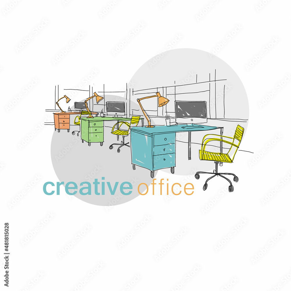 Sketch interior office workplace. Hand drawn vector illustration