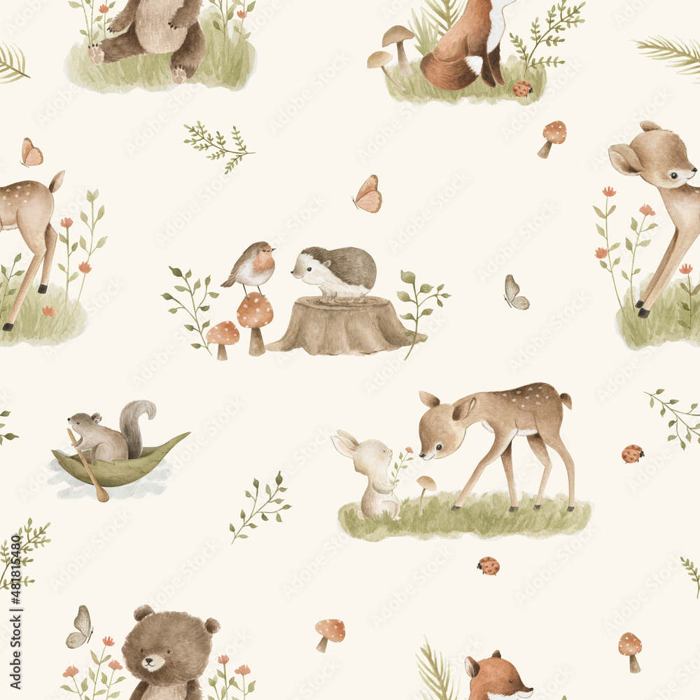 Φωτογραφία Woodland Animals watercolor forest illustration baby seamless pattern  illustrat