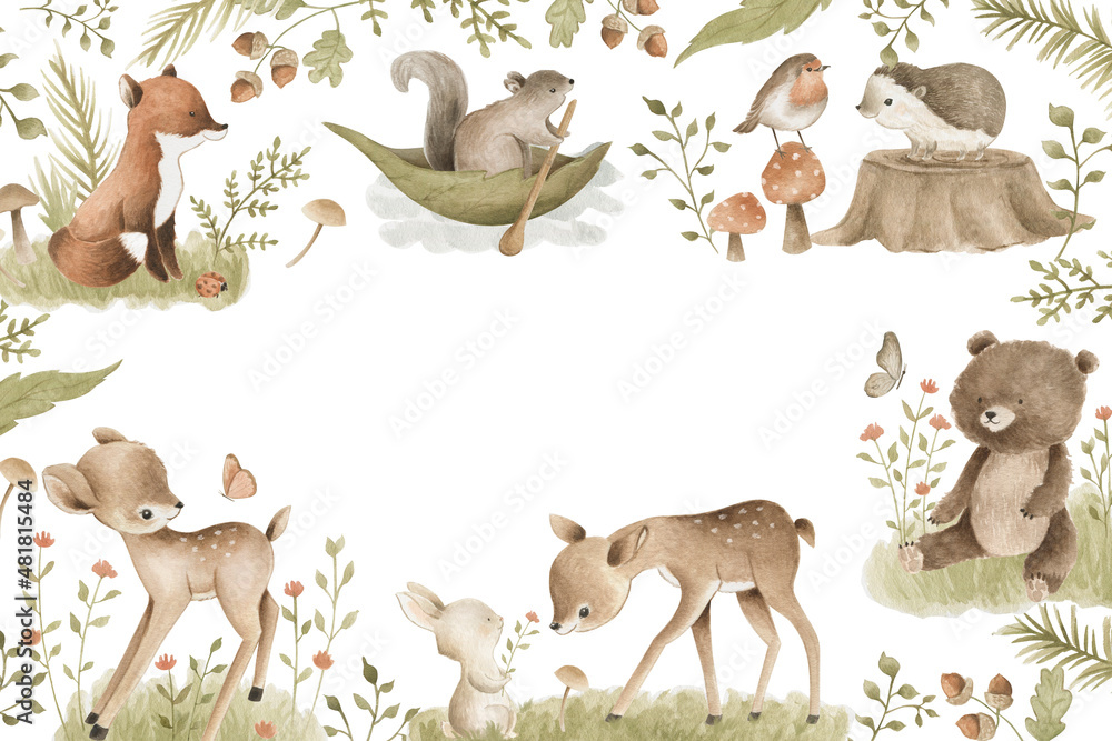 Obraz premium Woodland Animals watercolor forest illustration baby illustration