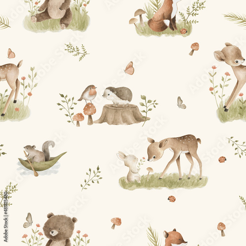 Fototapeta Naklejka Na Ścianę i Meble -  Woodland Animals watercolor forest illustration baby seamless pattern  illustration