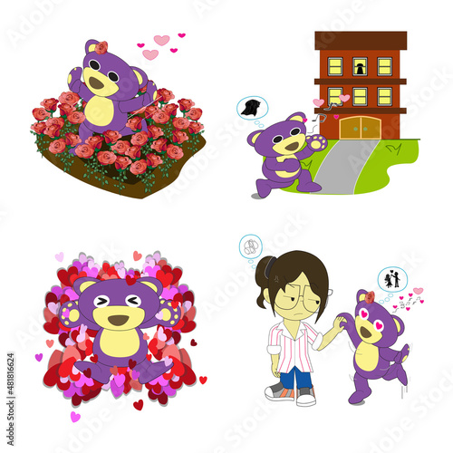 Mr.purple bear is having a love set,Valentine's day set 2. romp in the rose garden,sing to flirt,play on the paper(angel),couple dancing 