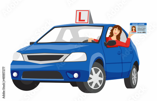 A smiling girl sits in a blue training car and shows her driver license. Design concept driving school or learning to drive. Illustration in flat style on white background