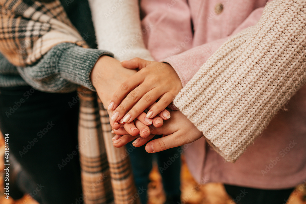 Hands of unrecognisable people possibly women friends dressed in knitted jacket put on each other symbolizing friendship