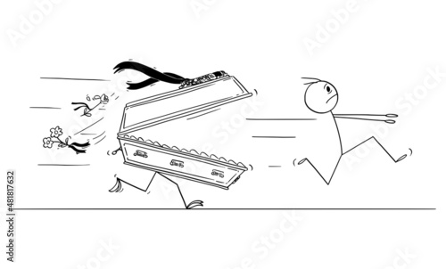 Person Running in Fear, Coffin as Death Symbol Chasing Him, Vector Cartoon Stick Figure Illustration