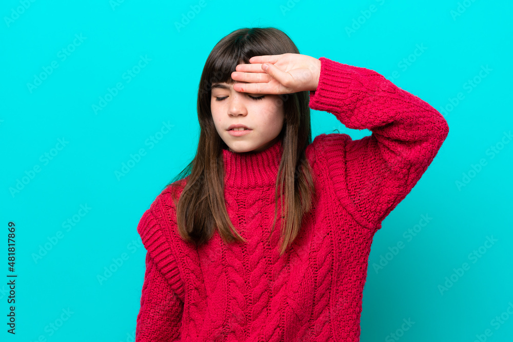 Little caucasian girl isolated on blue background with tired and sick expression Little caucasian girl isolated on blue background with tired and sick expression