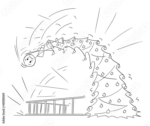 Person Decorating Christmas Tree, Hanging on the Top, Vector Cartoon Stick Figure Illustration