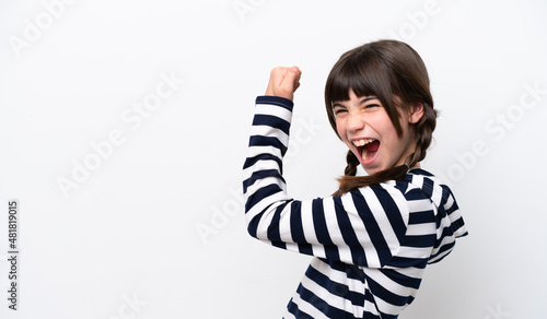 Obraz na plátne Little caucasian girl isolated on white background celebrating a victory