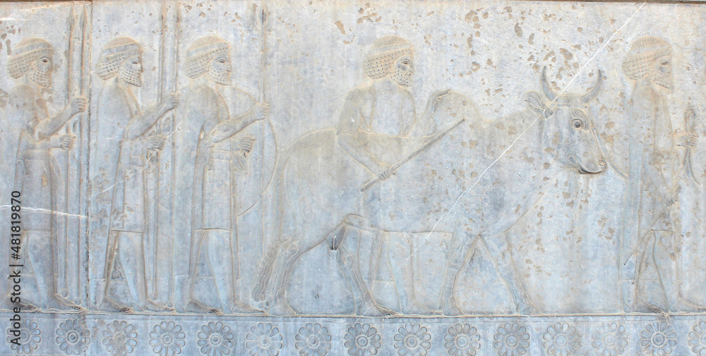 Ancient wall in Persepolis with bas-relief with Drangianian people with gifts and donations for Persian king