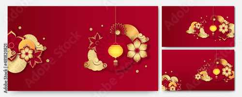Chinese china universal red and gold background with lantern, flower, tree, symbol, and pattern. Red and gold papercut chinese background template