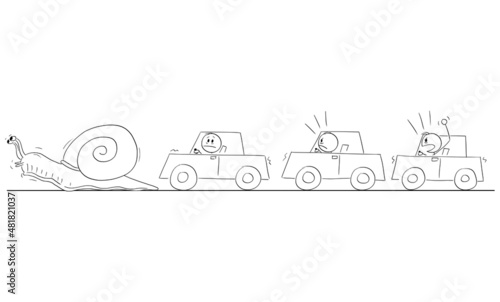 Angry Car Drivers in Traffic Jam or Congestion Behind Slow Snail, Vector Cartoon Stick Figure Illustration