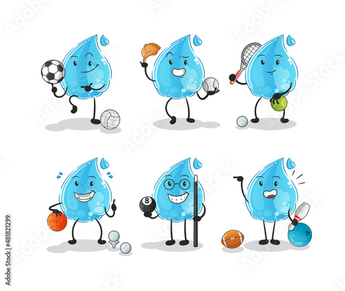 water drop sport set character. cartoon mascot vector