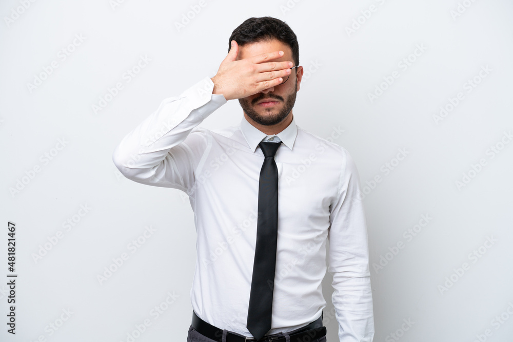 Business Brazilian man isolated on white background covering eyes by hands. Do not want to see something Business Brazilian man isolated on white background covering eyes by hands. Do not want to see something