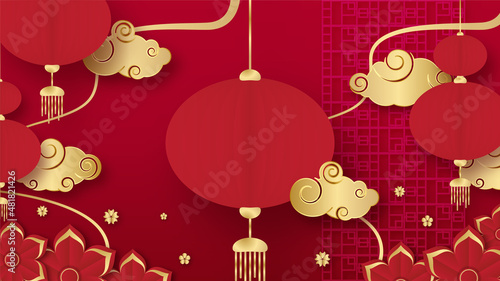 Chinese china universal red and gold background with lantern, flower, tree, symbol, and pattern. Red and gold papercut chinese background template