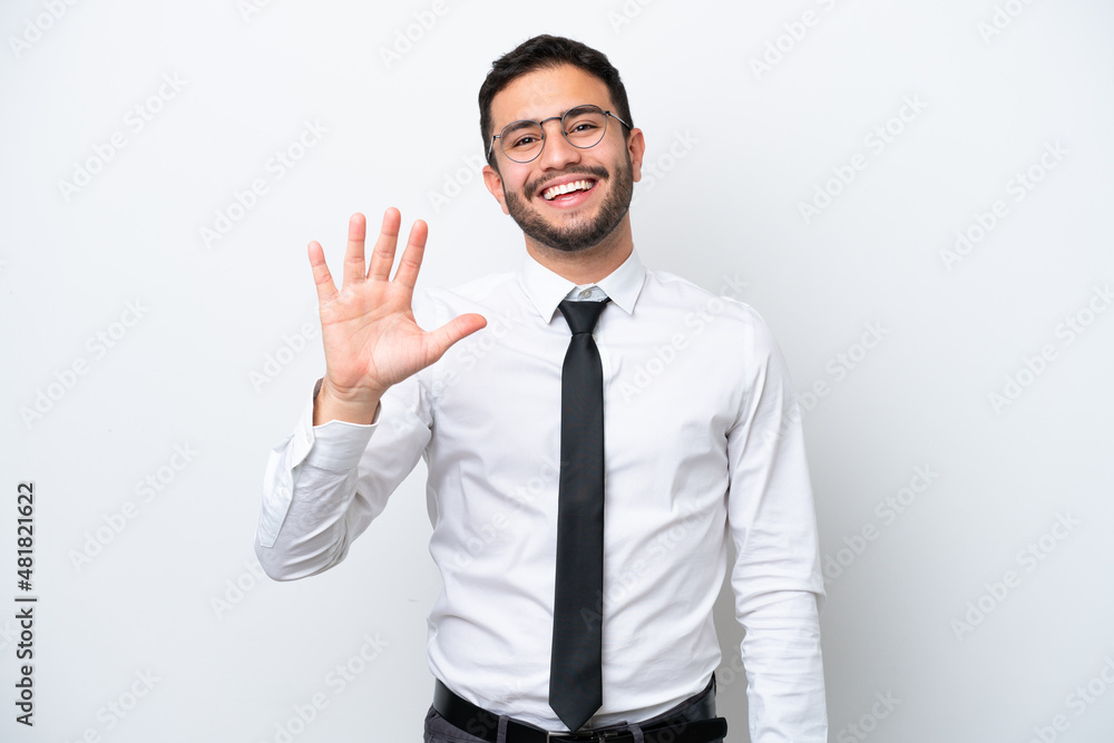 Business Brazilian man isolated on white background counting five with fingers Business Brazilian man isolated on white background counting five with fingers