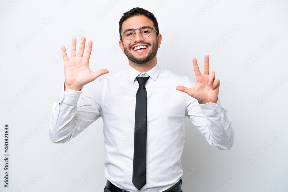 Business Brazilian man isolated on white background counting eight with fingers Business Brazilian man isolated on white background counting eight with fingers