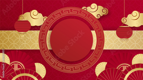 Chinese china universal red and gold background with lantern, flower, tree, symbol, and pattern. Red and gold papercut chinese background template