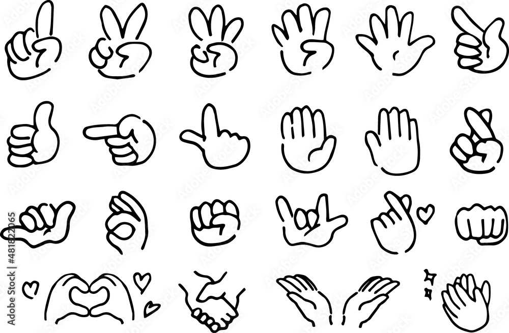 ラフな手描きのシンプルな手のサインマークセットイラスト(線のみ)