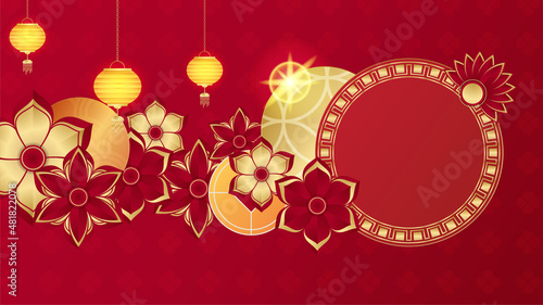 Chinese china universal red and gold background with lantern, flower, tree, symbol, and pattern. Red and gold papercut chinese background template