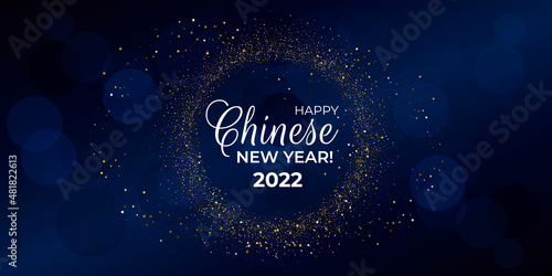 Happy Chinese New Year 2022. Greeting card with gold glittering round on blue background. For holiday invitations, banner, poster. Vector illustration.