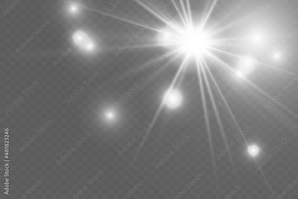 Glow isolated white transparent light effect set, lens flare, explosion, glitter, line, sun flash, spark and stars. Abstract special effect element design. Shine ray with lightning