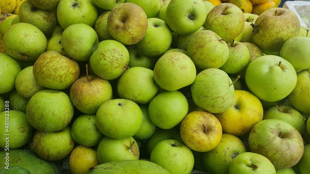 Green apple Raw fruit and vegetable backgrounds overhead perspective, part of a set collection of healthy organic fresh produce Green apple Raw fruit and vegetable backgrounds overhead perspective, part of a set collection of healthy organic fresh produce