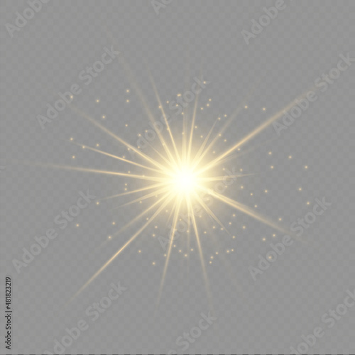 Glow isolated white transparent light effect set, lens flare, explosion, glitter, line, sun flash, spark and stars. Abstract special effect element design. Shine ray with lightning