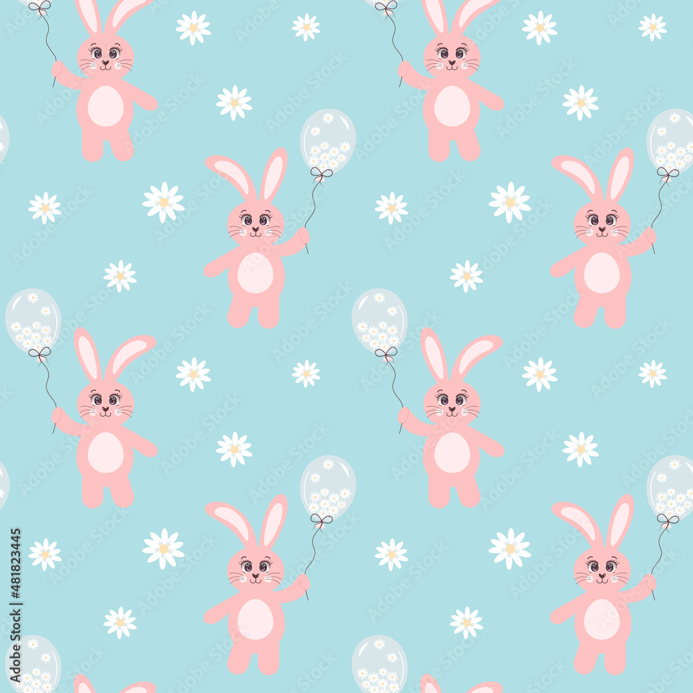 Seamless pattern with pink bunny holding a balloon full of chamomiles on blue background. Great for textile, fabric prints, wrapping paper.