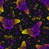 Rainbow seamless pattern with elements stars, butterflies and leaves. Trendy texture for print, textile, packaging.