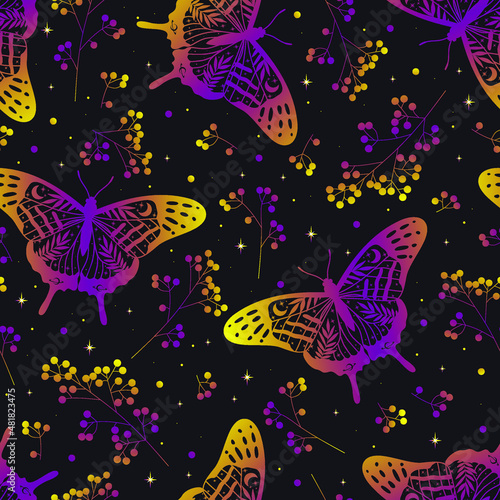 Rainbow seamless pattern with elements stars  butterflies and leaves. Trendy texture for print  textile  packaging.