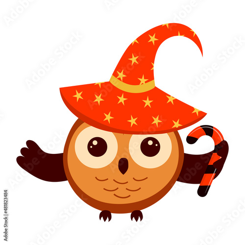 Cute owl in witch hat with candy cane. Happy Halloween symbol.