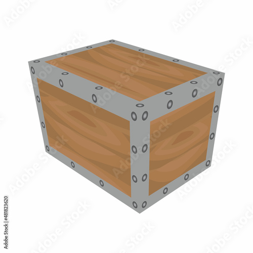 A wooden box or chest with a metal frame isolated on a white background. A game icon in the form of a box. Props for the game.