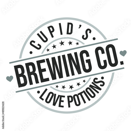 Cupid's Love Potion Brewing Co. Stamp Round Design Vector Insignia Valentine's Day Badge.
