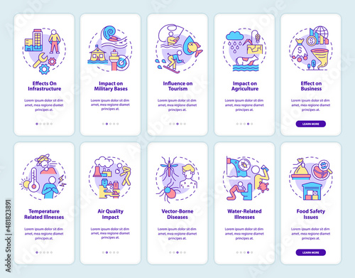 Climate change onboarding mobile app screen set. Global warming walkthrough 5 steps graphic instructions pages with linear concepts. UI, UX, GUI template. Myriad Pro-Bold, Regular fonts used