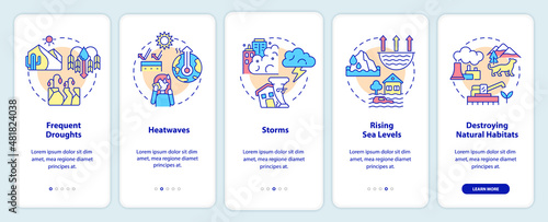 Effects of climate change onboarding mobile app screen. Walkthrough 5 steps graphic instructions pages with linear concepts. UI, UX, GUI template. Myriad Pro-Bold, Regular fonts used