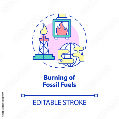 Burning of fossil fuels concept icon. Reasons for climate change abstract idea thin line illustration. Isolated outline drawing. Editable stroke. Roboto-Medium, Myriad Pro-Bold fonts used
