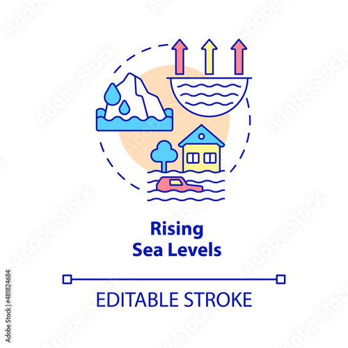 Rising sea levels concept icon. Effects of climate change abstract idea thin line illustration. Isolated outline drawing. Editable stroke. Roboto-Medium, Myriad Pro-Bold fonts used