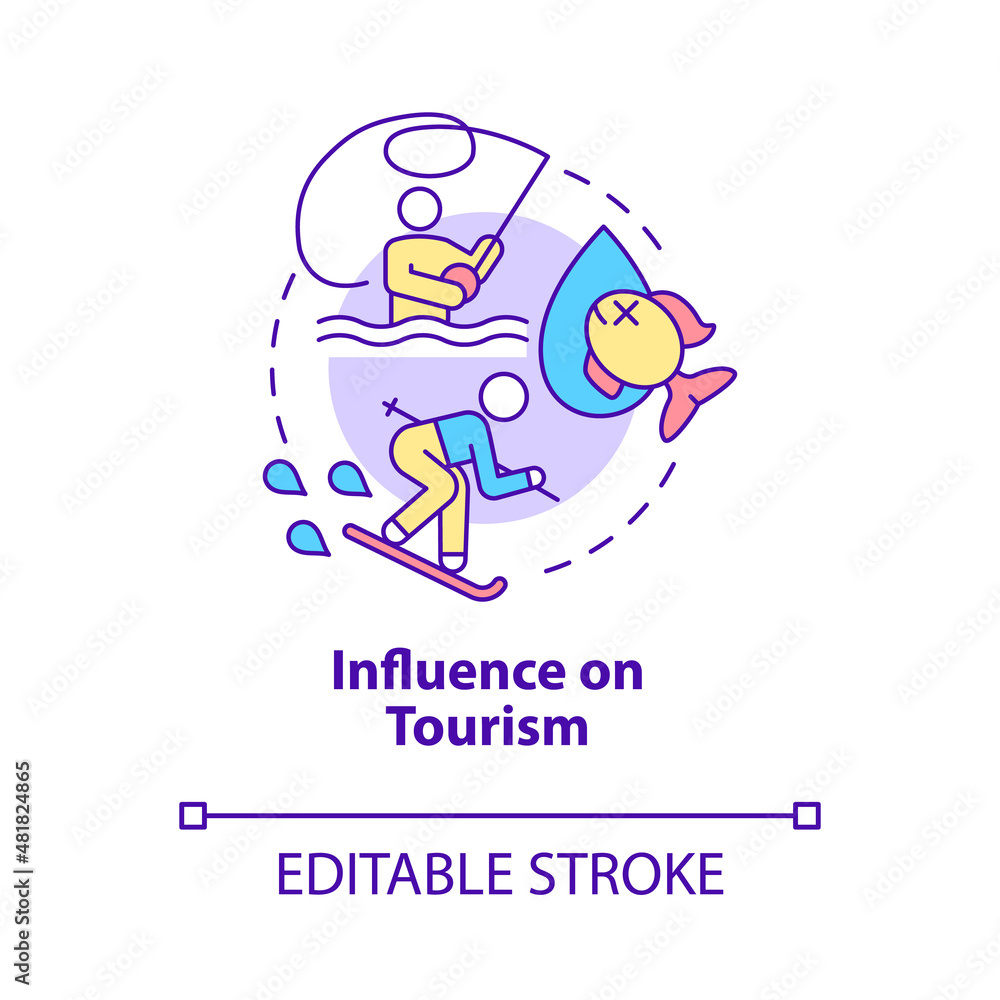 Influence on tourism concept icon. Climate change negative effect abstract idea thin line illustration. Isolated outline drawing. Editable stroke. Roboto-Medium, Myriad Pro-Bold fonts used Influence on tourism concept icon. Climate change negative effect abstract idea thin line illustration. Isolated outline drawing. Editable stroke. Roboto-Medium, Myriad Pro-Bold fonts used
