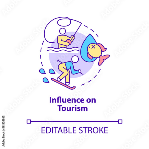 Influence on tourism concept icon. Climate change negative effect abstract idea thin line illustration. Isolated outline drawing. Editable stroke. Roboto-Medium, Myriad Pro-Bold fonts used