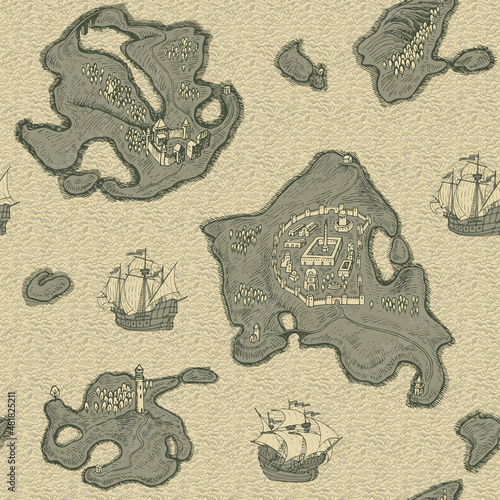 Monochrome seamless pattern with hand-drawn islands, old sailing ships and sea waves on an old paper backdrop. Vector cartoon background in retro style. Suitable for wallpaper, wrapping paper, fabric