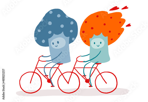 Colorful cartoon couple riding a red tandem bike isolated on white (ID: 481825257)