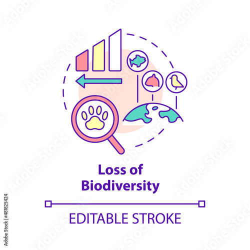 Loss of biodiversity concept icon. Climate change impact on environment abstract idea thin line illustration. Isolated outline drawing. Editable stroke. Roboto-Medium, Myriad Pro-Bold fonts used