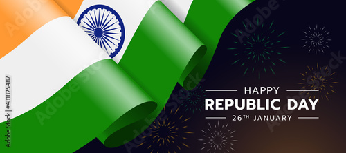 Happy republic day of india with india flag waving on dark night and firework background vector design